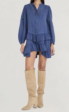 NWT THE GOOD JOURNEY Ruffle Lace Trim Long Sleeve Denim Minidress SMALL AA24